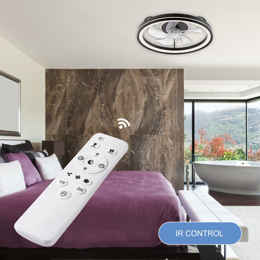 LED Dimbar taklampa med fläkt FARGO LED/37W/230V svart + fjärrkontroll