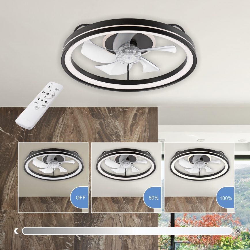 LED Dimbar taklampa med fläkt FARGO LED/37W/230V svart + fjärrkontroll