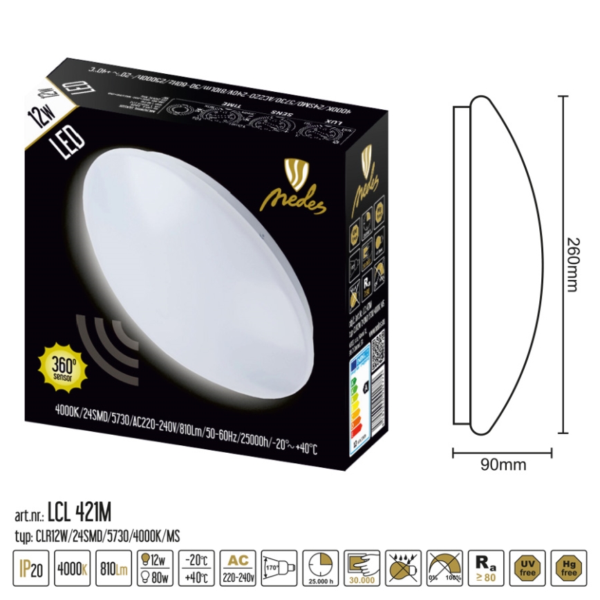 LED taklampa med sensor LED/12W/230V 4000K