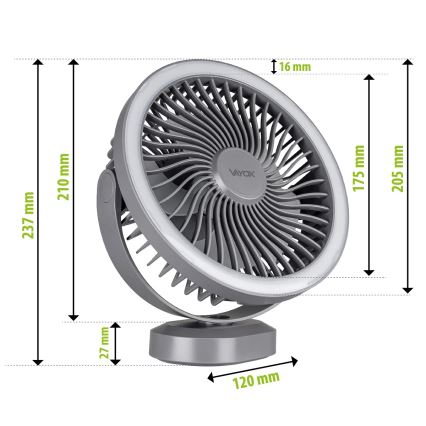LED Uppladdningsbar bord fläkt med LED-belysning LED/3W/5V USB 2400 mAh grå