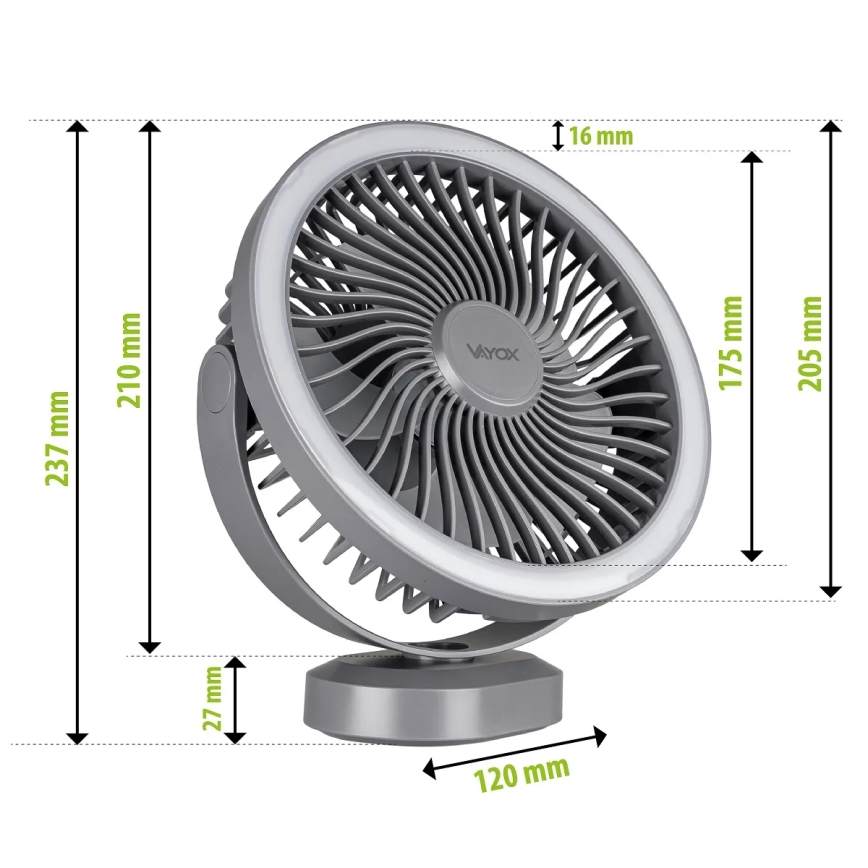 LED Uppladdningsbar bord fläkt med LED-belysning LED/3W/5V USB 2400 mAh grå