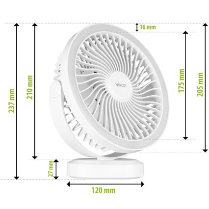 LED Uppladdningsbar bord fläkt med LED-belysning LED/3W/5V USB 2400 mAh vit