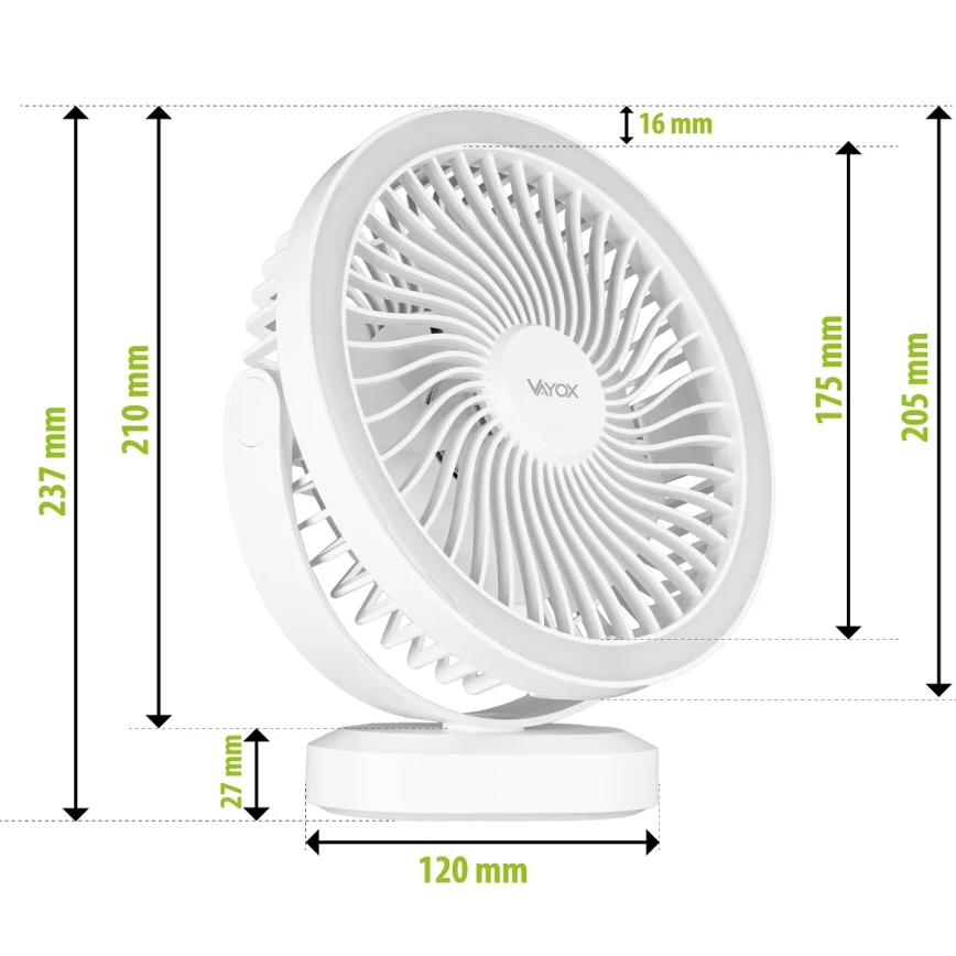 LED Uppladdningsbar bord fläkt med LED-belysning LED/3W/5V USB 2400 mAh vit