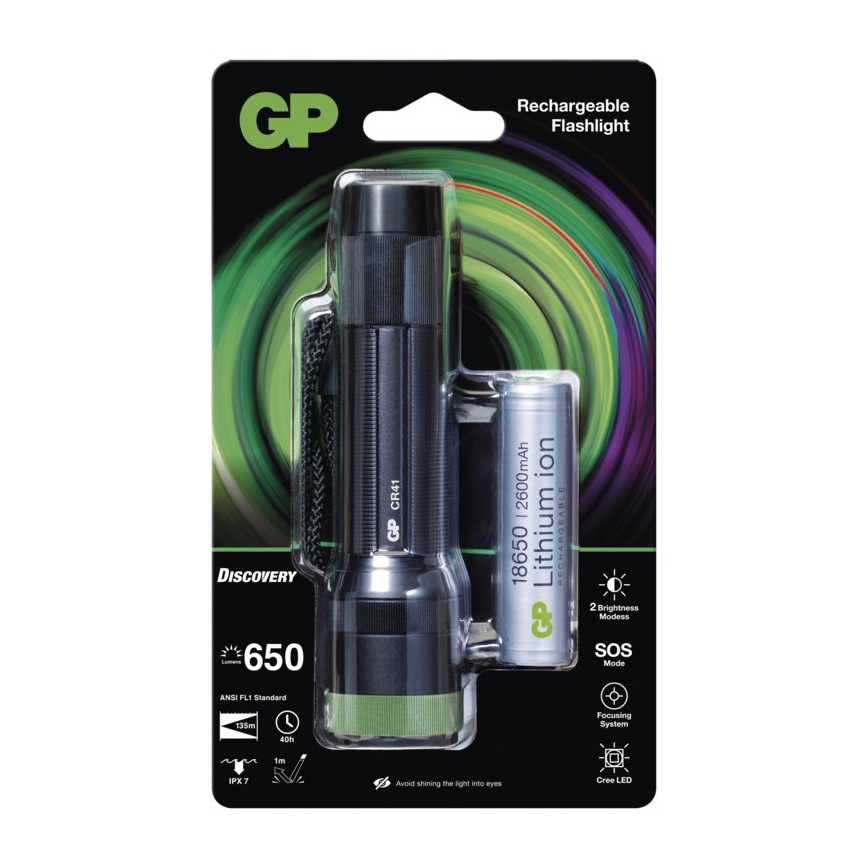 LED uppladdningsbar ficklampa GP DISCOVERY CR41 LED/Li-lon 3,7V IPX7