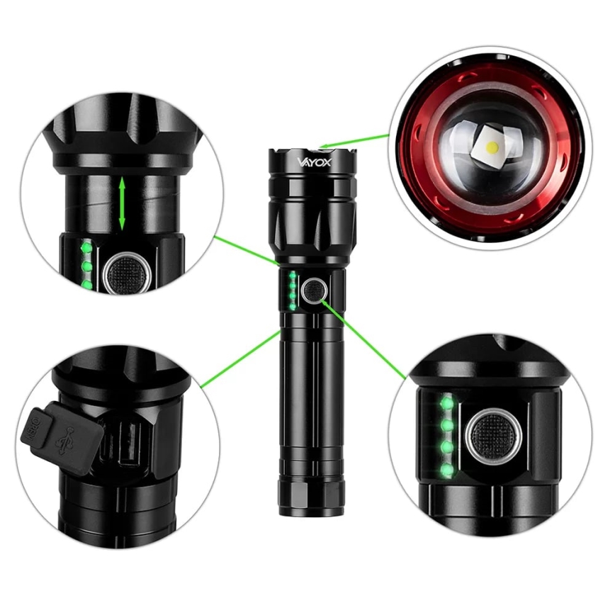 LED Dimbar uppladdningsbar ficklampa med strömbank funktion LED/30W/5V IPX5 1060 glansig 5000 mAh