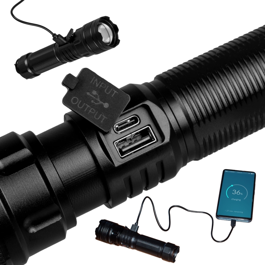 LED Dimbar uppladdningsbar ficklampa med strömbank funktion LED/10W/5V IPX4 600 glansig 2000 mAh
