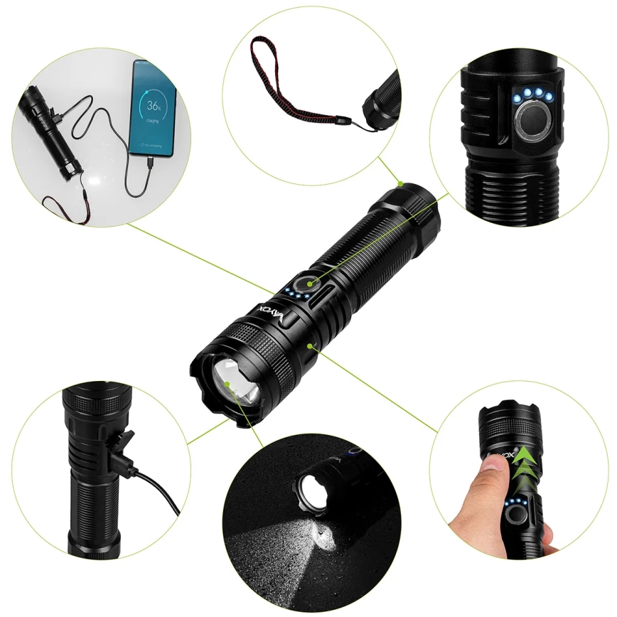 LED Dimbar uppladdningsbar ficklampa med strömbank funktion LED/10W/5V IPX4 600 glansig 2000 mAh