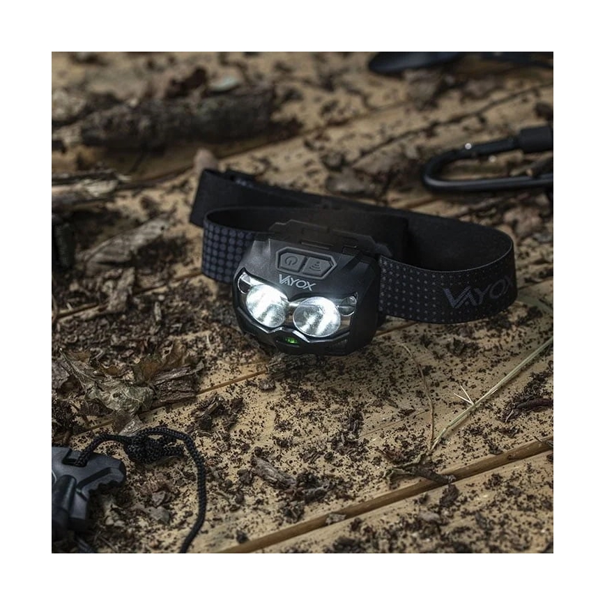 LED Ljusreglerad uppladdningsbar pannlampa med sensor och rött ljus 2xLED/5W/5V/3xAAA IP65 500 glansig 1200 mAh