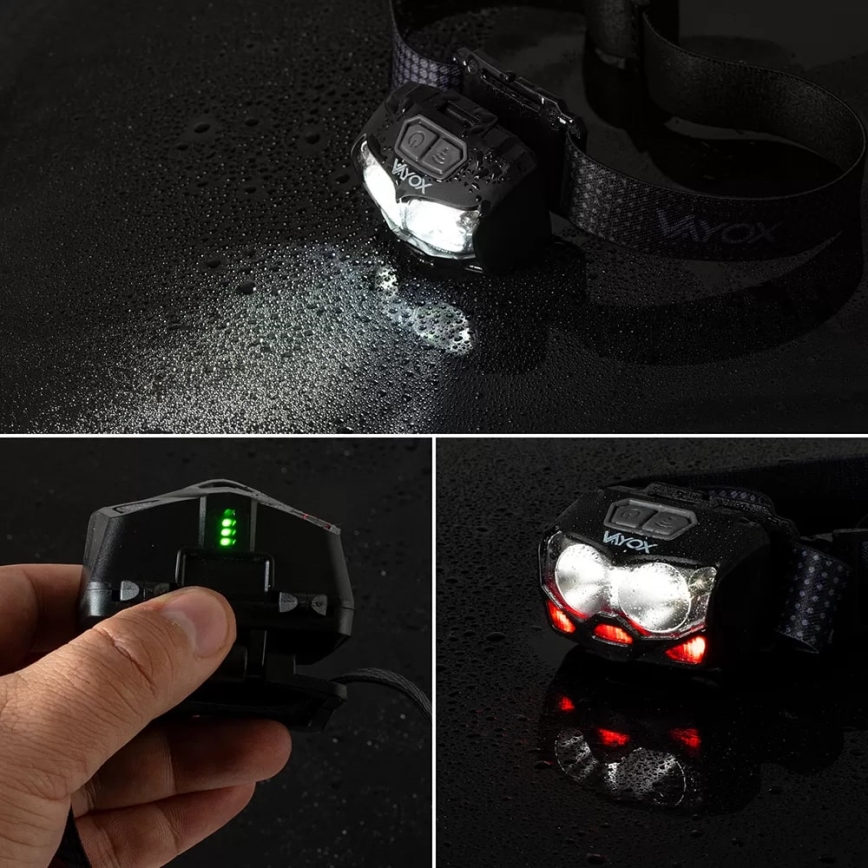 LED Ljusreglerad uppladdningsbar pannlampa med sensor och rött ljus 2xLED/5W/5V/3xAAA IP65 500 glansig 1200 mAh