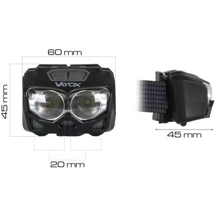 LED Ljusreglerad uppladdningsbar pannlampa med sensor och rött ljus 2xLED/5W/5V/3xAAA IP65 500 glansig 1200 mAh