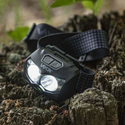 LED Dimbart uppladdningsbart pannlampa med sensor och rött ljus 2xLED/5W/5V/3xAAA IP65 500 lm 1200 mAh