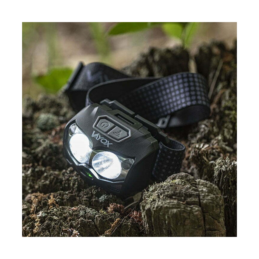 LED Dimbart uppladdningsbart pannlampa med sensor och rött ljus 2xLED/5W/5V/3xAAA IP65 500 lm 1200 mAh