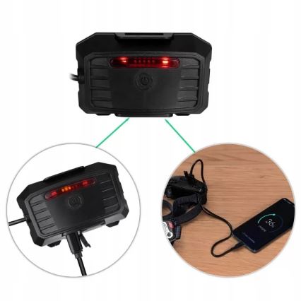LED Ljusreglerad uppladdningsbar pannlampa med sensor med strömbanksfunktion och rött ljus LED/10W/5V IP44 1200 glansig 4000 mAh