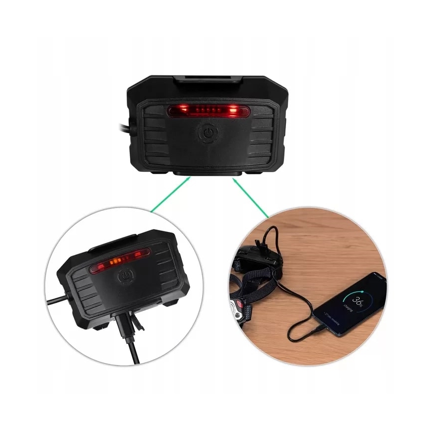 LED Ljusreglerad uppladdningsbar pannlampa med sensor med strömbanksfunktion och rött ljus LED/10W/5V IP44 1200 glansig 4000 mAh