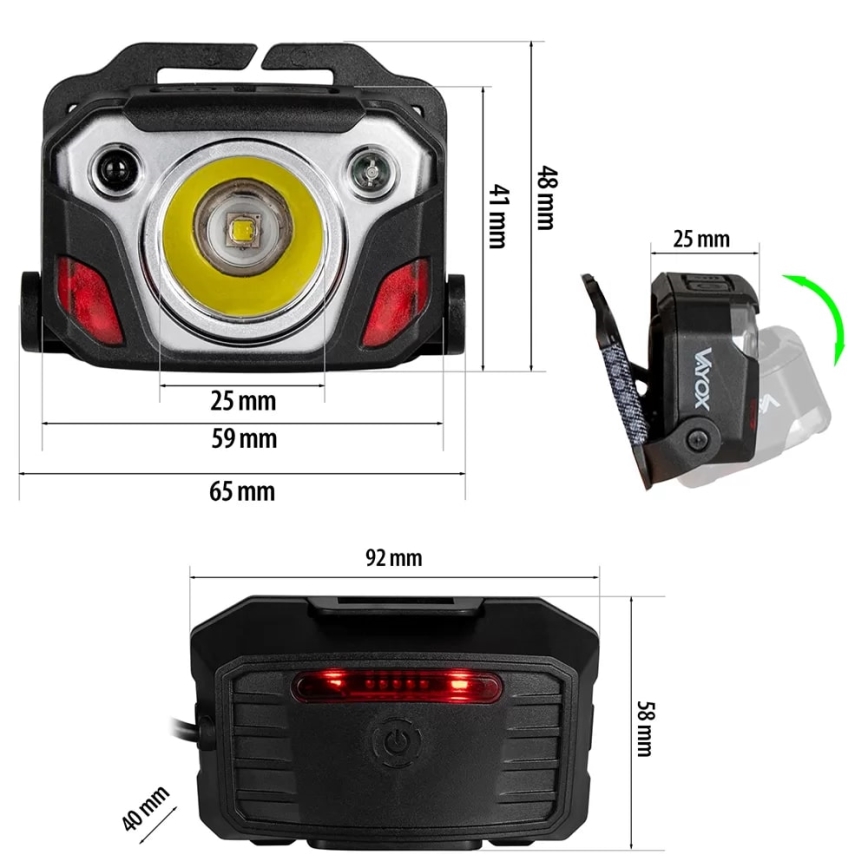 LED Ljusreglerad uppladdningsbar pannlampa med sensor med strömbanksfunktion och rött ljus LED/10W/5V IP44 1200 glansig 4000 mAh