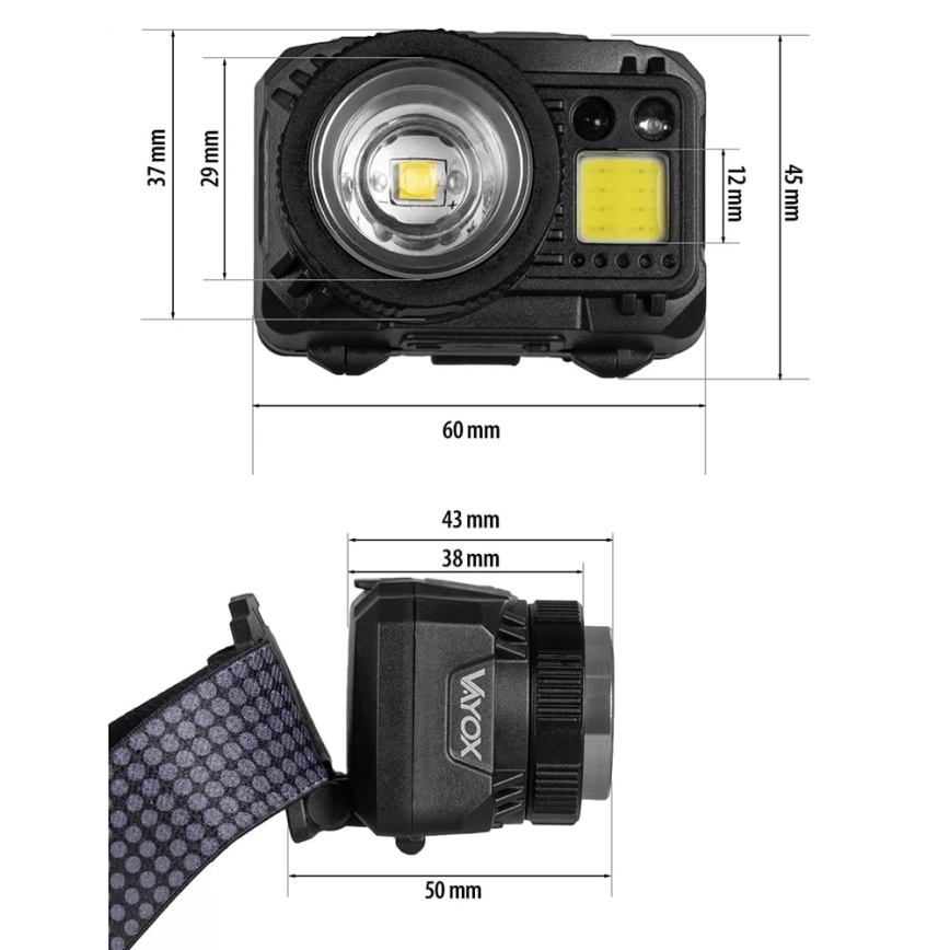 LED Ljusreglerad uppladdningsbar pannlampa med sensor och rött ljus LED/6W/5V/3xAAA IP44 500 glansig 1200 mAh