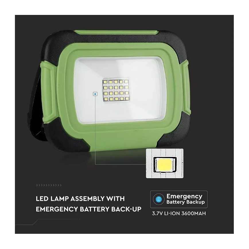 LED Uppladdningsbar strålkastare SAMSUNG CHIP LED/10W/3,7V IP44 4000K grön