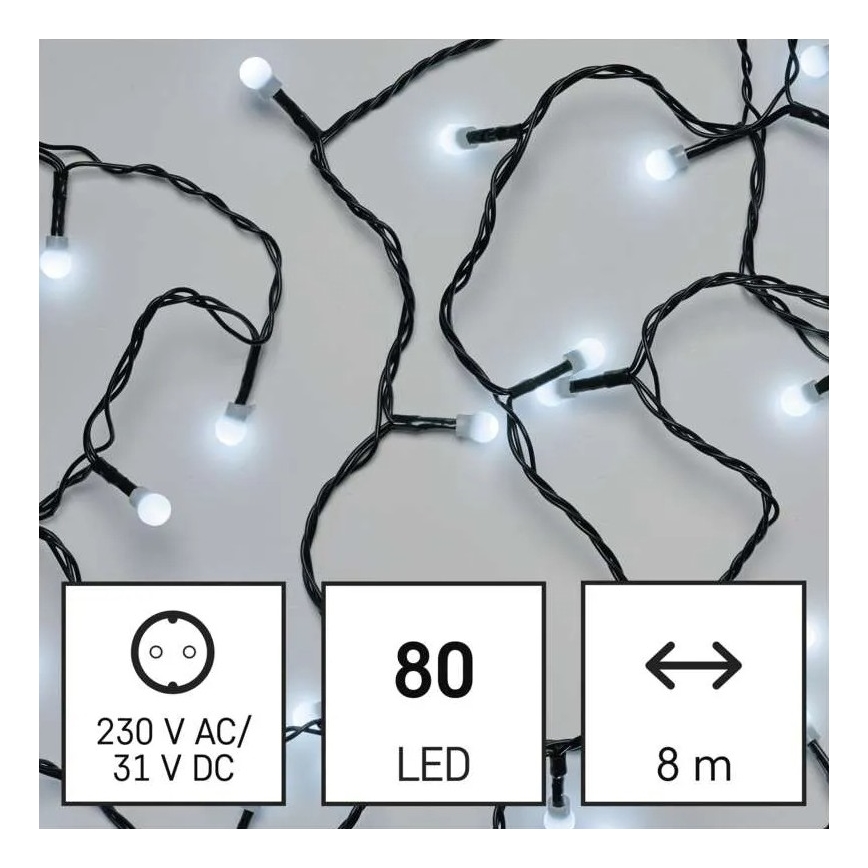 LED utomhus julslinga 80 LED, 8 funktioner, 13 m, kallvit, IP44
