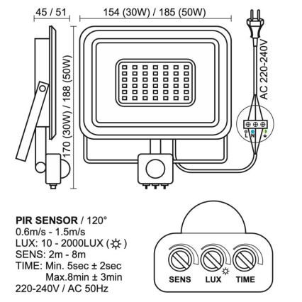 LED Utomhusstrålkastare med en sensor LED/50W/230V 4000K IP44 svart