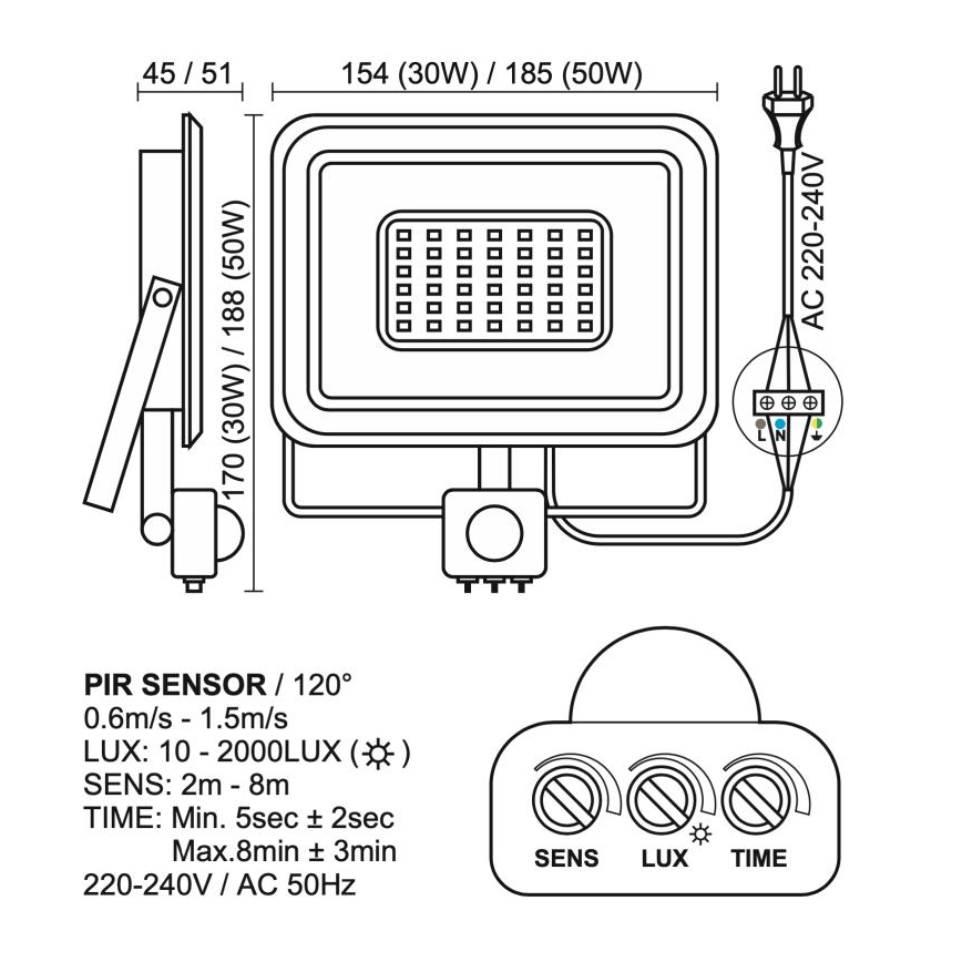 LED Utomhusstrålkastare med en sensor LED/50W/230V 4000K IP44 svart