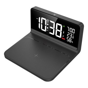 LED Väckarklocka med LCD display och trådlös laddning Qi LED/10W/230V