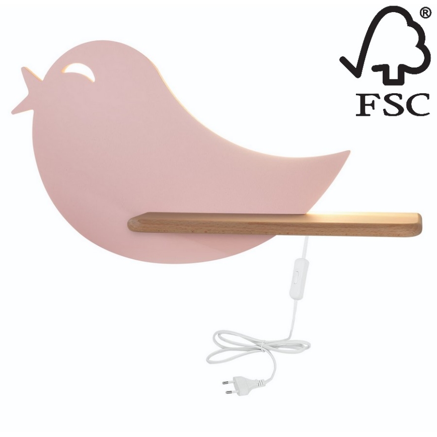 LED-väggbelysning för barn med en shelf BIRD LED/5W/230V rosa/trä - FSC certifierade