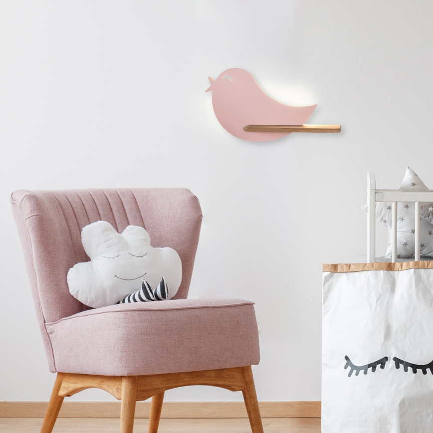 LED-väggbelysning för barn med en shelf BIRD LED/5W/230V rosa/trä - FSC certifierade