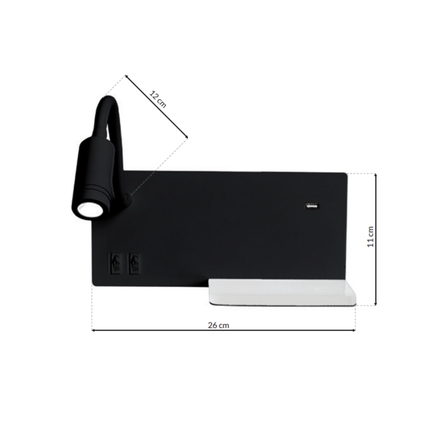 LED Väggbelysning Hylla 1xLED/4W+1xLED/5W+1xLED/2W/230V svart
