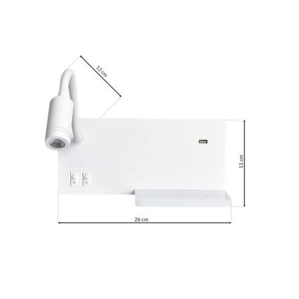 LED Väggbelysning Hylla 1xLED/4W+1xLED/5W+1xLED/2W/230V + USB-uttag vit