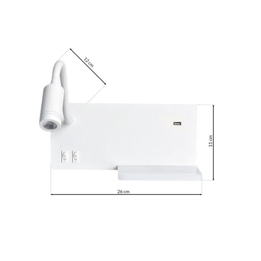 LED Väggbelysning Hylla 1xLED/4W+1xLED/5W+1xLED/2W/230V + USB-uttag vit