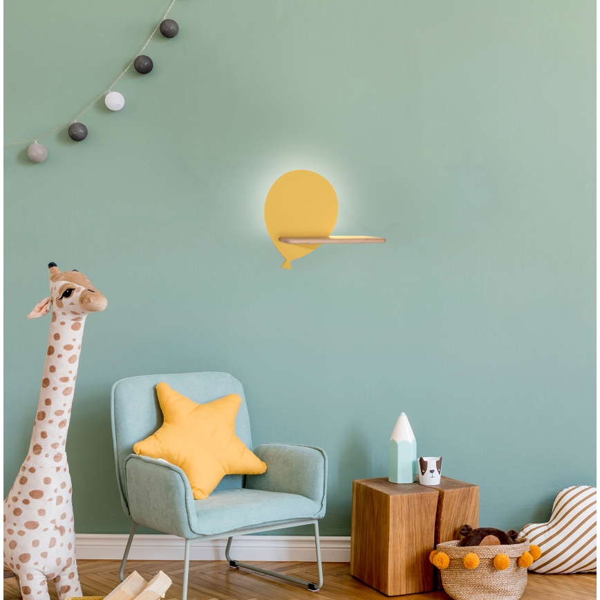 LED vägglampa med hylla för barn BALLOON LED/4W/230V gul/trä
