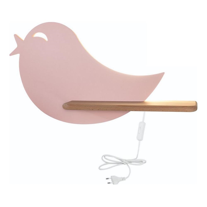 LED vägglampa med hylla för barn BIRD LED/5W/230V rosa/trä