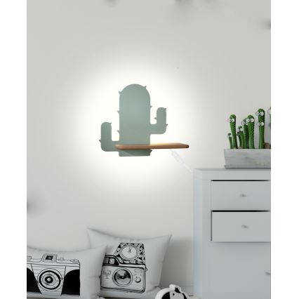 LED vägglampa med hylla för barn CACTUS LED/4W/230V grön/trä