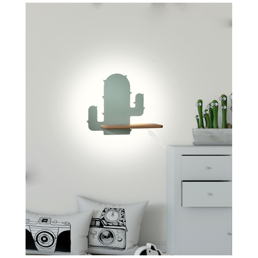 LED vägglampa med hylla för barn CACTUS LED/4W/230V grön/trä