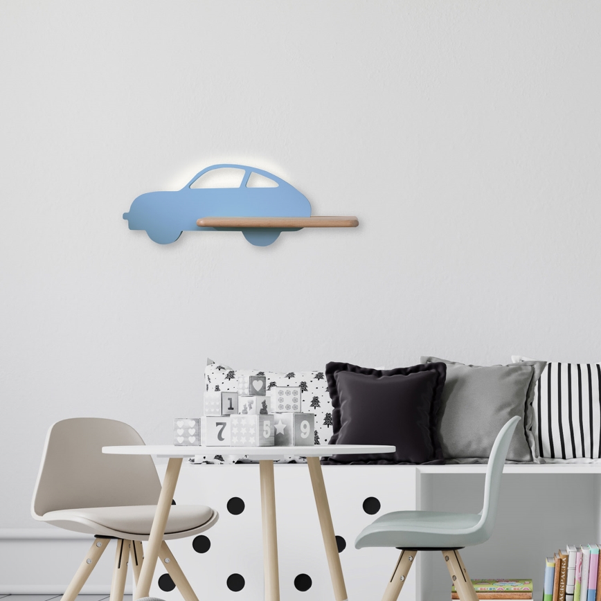 LED vägglampa med hylla för barn CAR LED/5W/230V blå/trä
