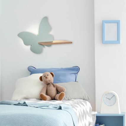 LED vägglampa med hylla för barn FJÄRIL LED/5W/230V grön/trä