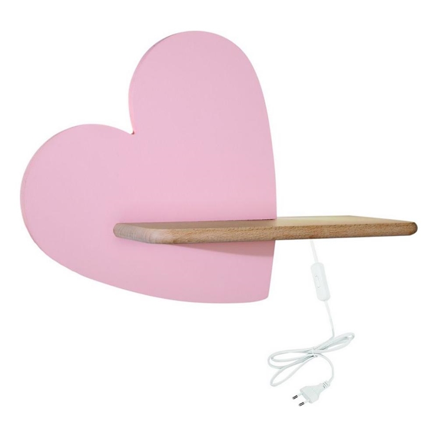 LED vägglampa med hylla för barn HEART LED/5W/230V rosa/trä