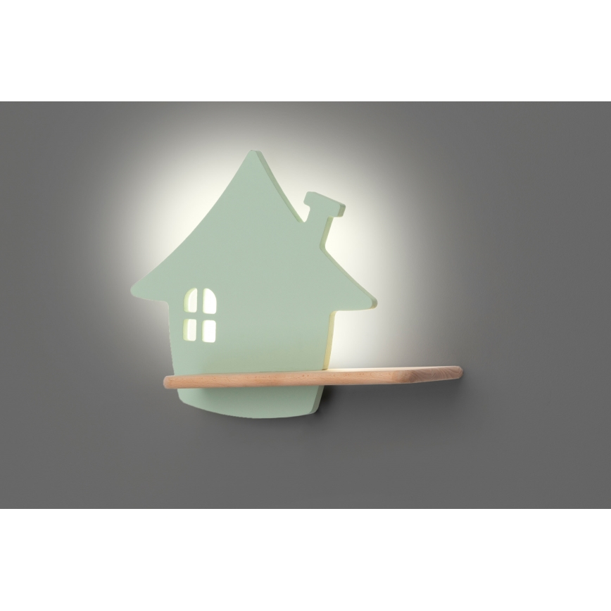 LED vägglampa med hylla för barn HOUSE LED/4W/230V grön/trä