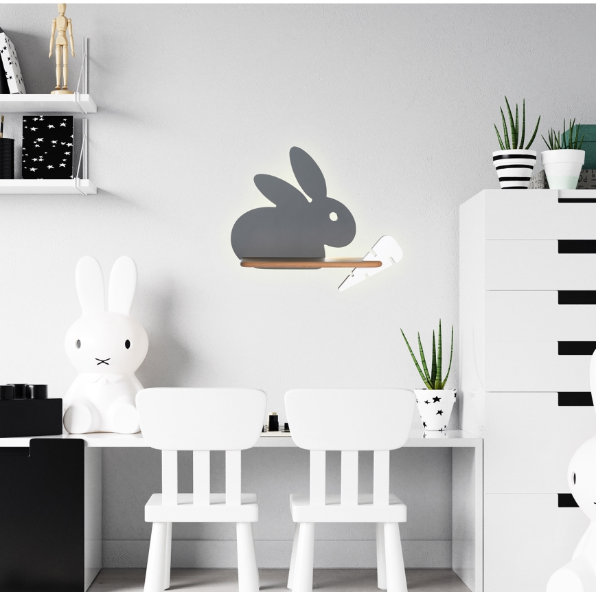 LED vägglampa med hylla för barn RABBIT LED/4W/230V grå/vit/trä