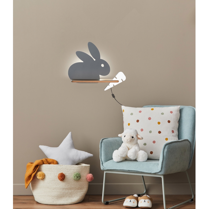 LED vägglampa med hylla för barn RABBIT LED/4W/230V grå/vit/trä