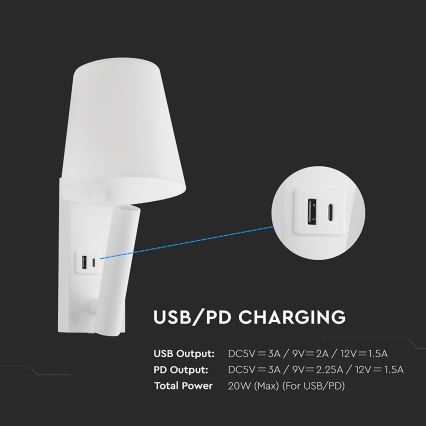 LED-vägglampa med USB-port LED/2W/230V 3000K vit