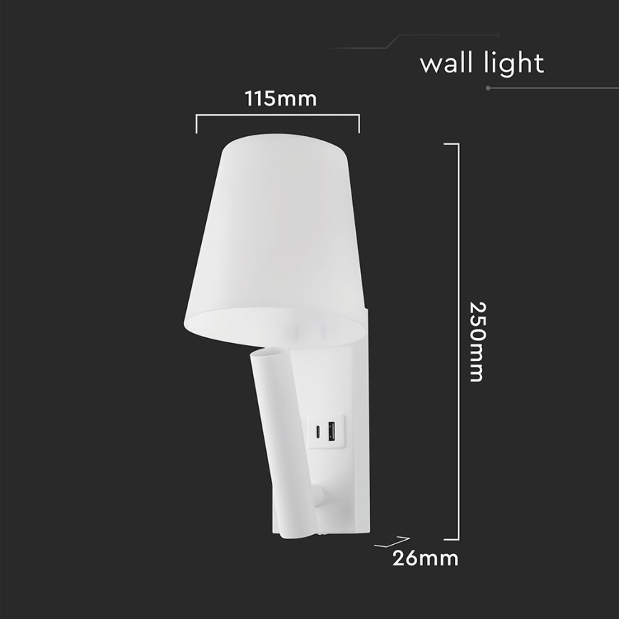 LED-vägglampa med USB-port LED/2W/230V 3000K vit