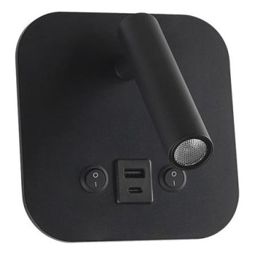 LED väggspot med USB-port LED/8W/230V 3000K svart