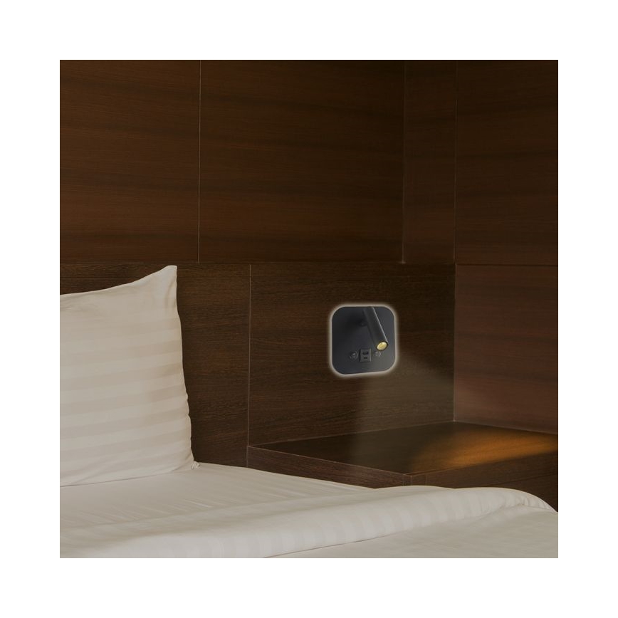 LED väggspot med USB-port LED/8W/230V 3000K svart