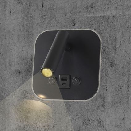LED väggspot med USB-port LED/8W/230V 3000K svart