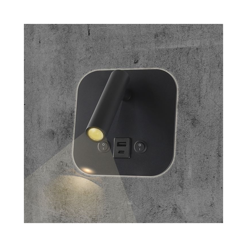 LED väggspot med USB-port LED/8W/230V 3000K svart