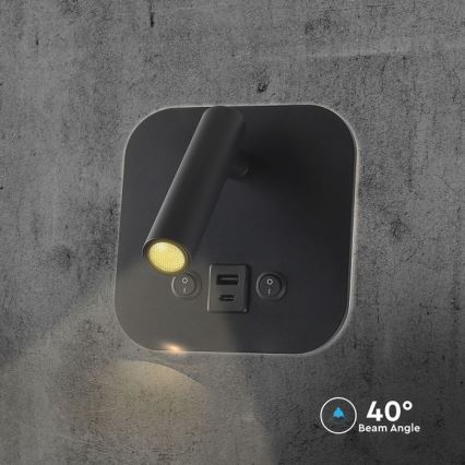 LED väggspot med USB-port LED/8W/230V 3000K svart