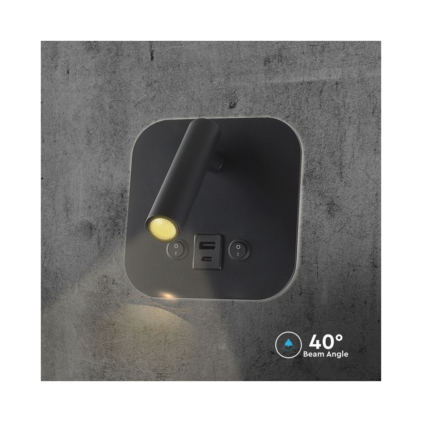 LED väggspot med USB-port LED/8W/230V 3000K svart