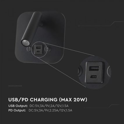 LED väggspot med USB-port LED/8W/230V 3000K svart