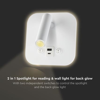 LED väggspot med USB-port LED/8W/230V 3000K vit